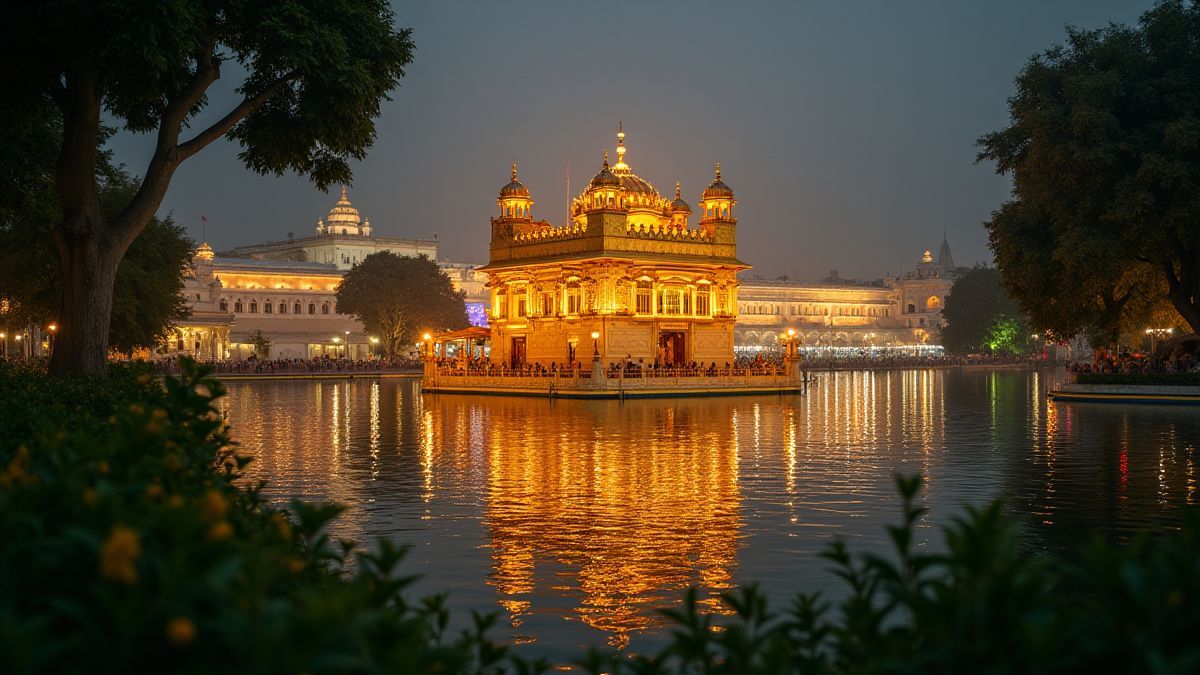 Templo dorado rodeado de vegetación exuberante y luces brillantes.