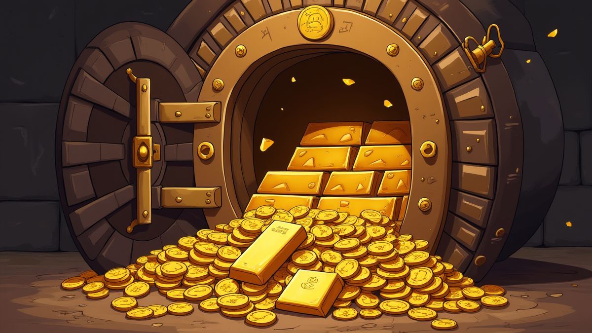 Ein Schatzraum voller Goldbarren und Goldmünzen.