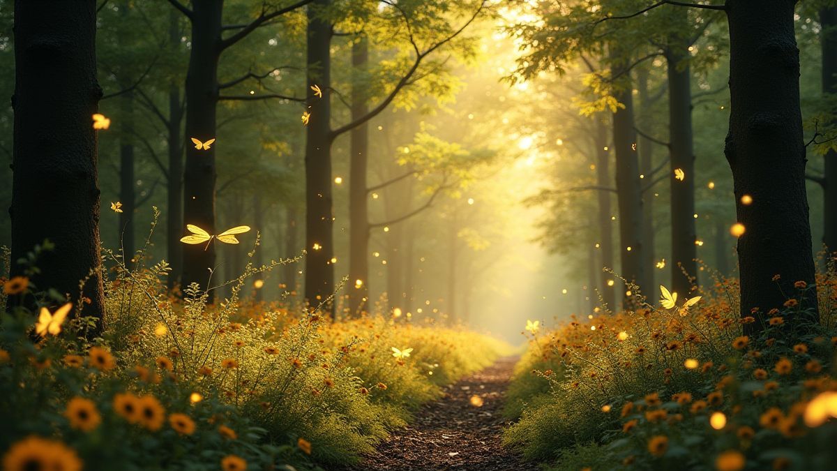 Uma floresta mágica com asas brilhantes e molduras douradas.