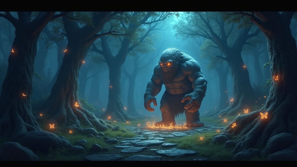 Bosque encantado con criaturas mágicas y un gólem de piedra.