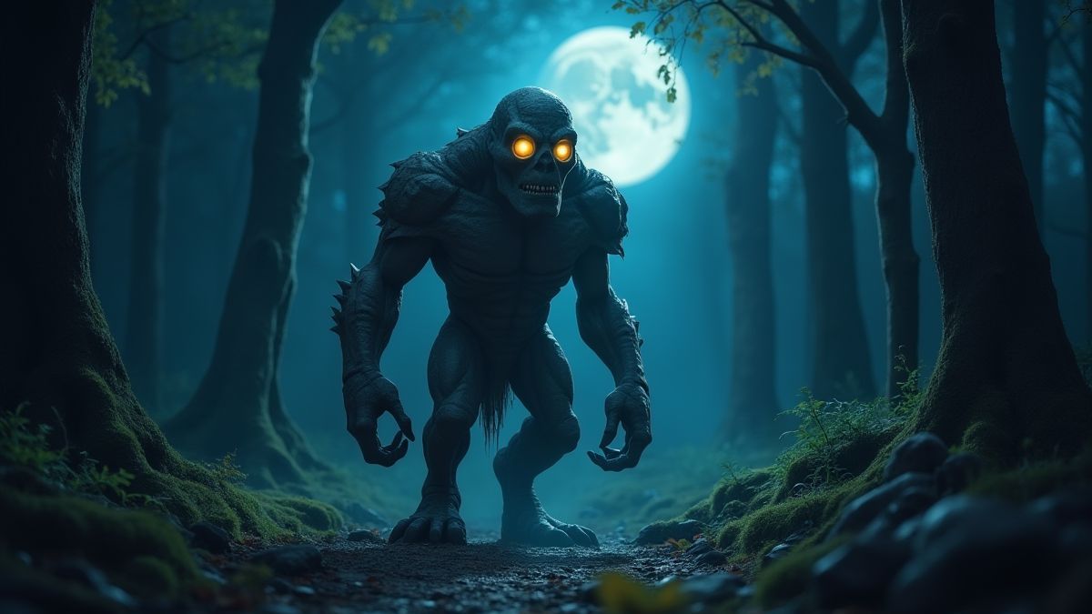 Gólem de piedra con ojos resplandecientes bajo la luz de la luna.