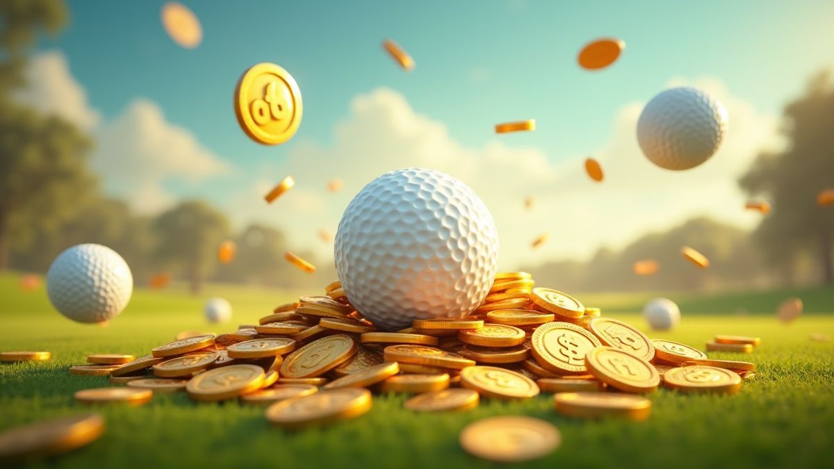 Moedas e bolas de golfe voando no ar.
