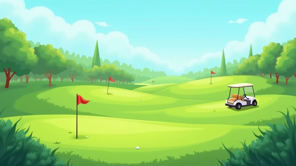 Campo de golf animado con colinas y carritos de golf.