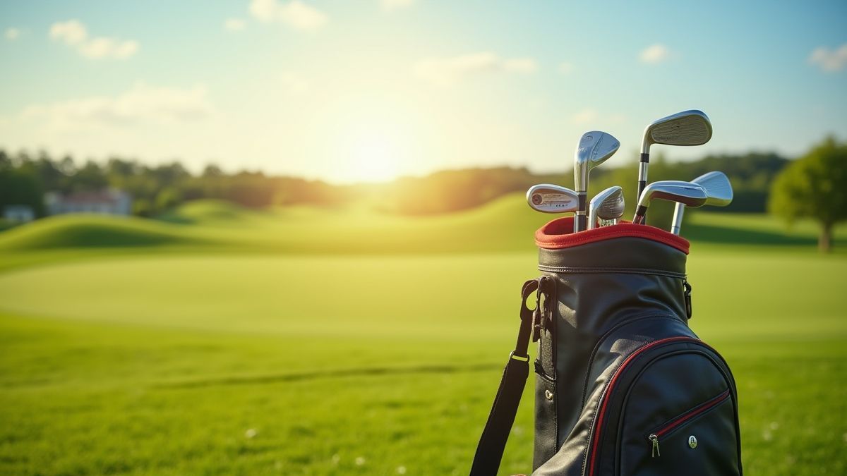 Bolsa de palos de golf en un campo verde bajo el sol.