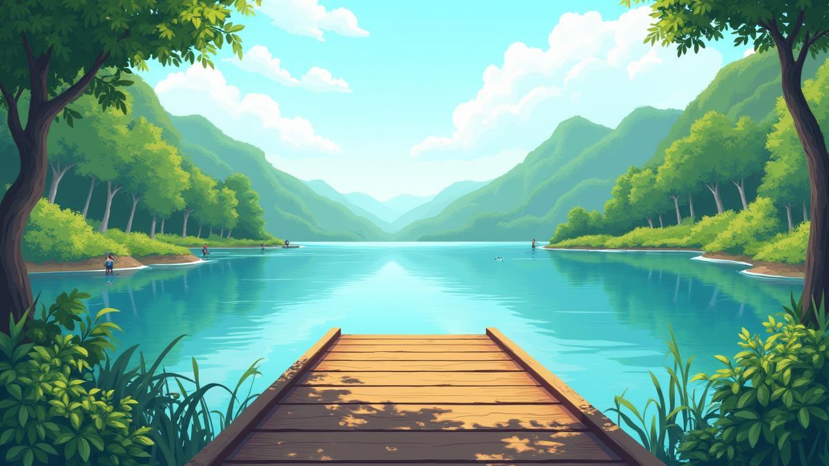 Muelle de pesca rodeado de vegetación y un lago brillante.