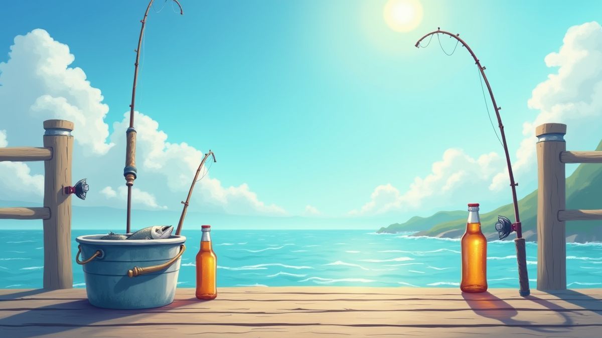 Sonniger Anleger mit Angelruten und einer Bierflasche