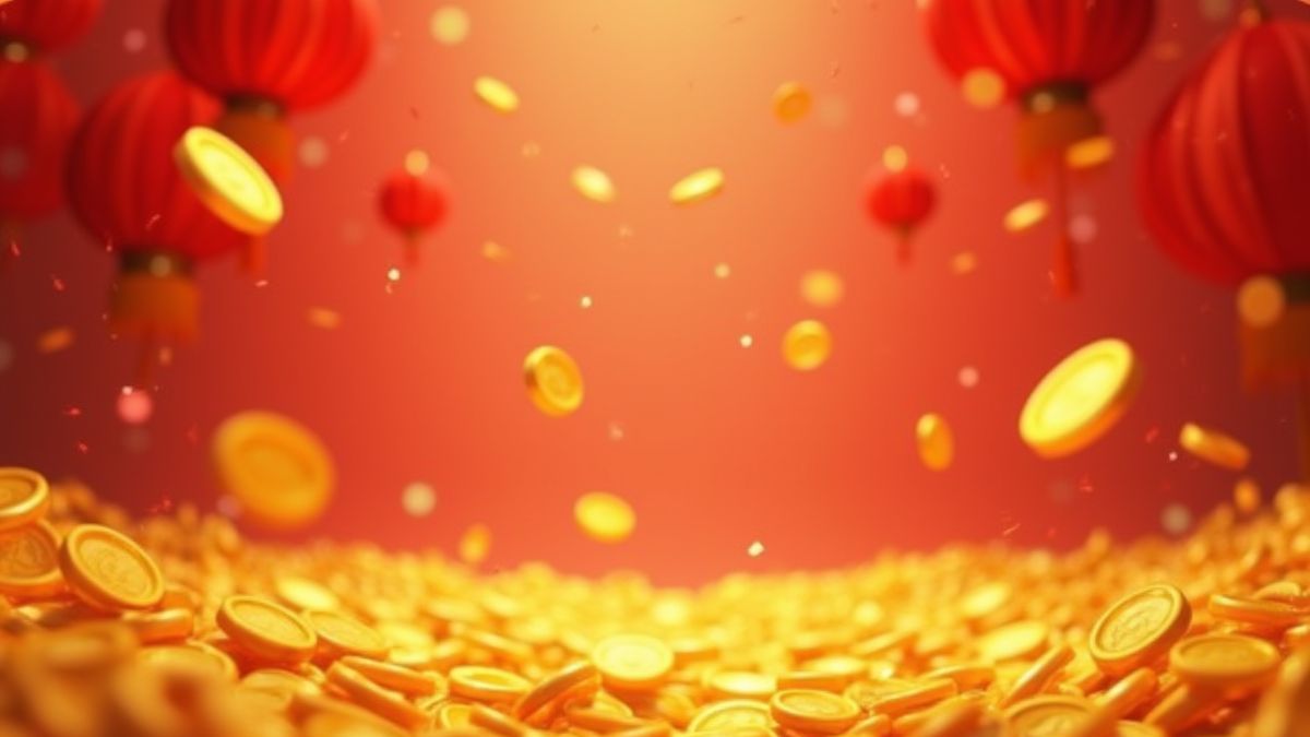 Monedas doradas y faroles rojos flotando.