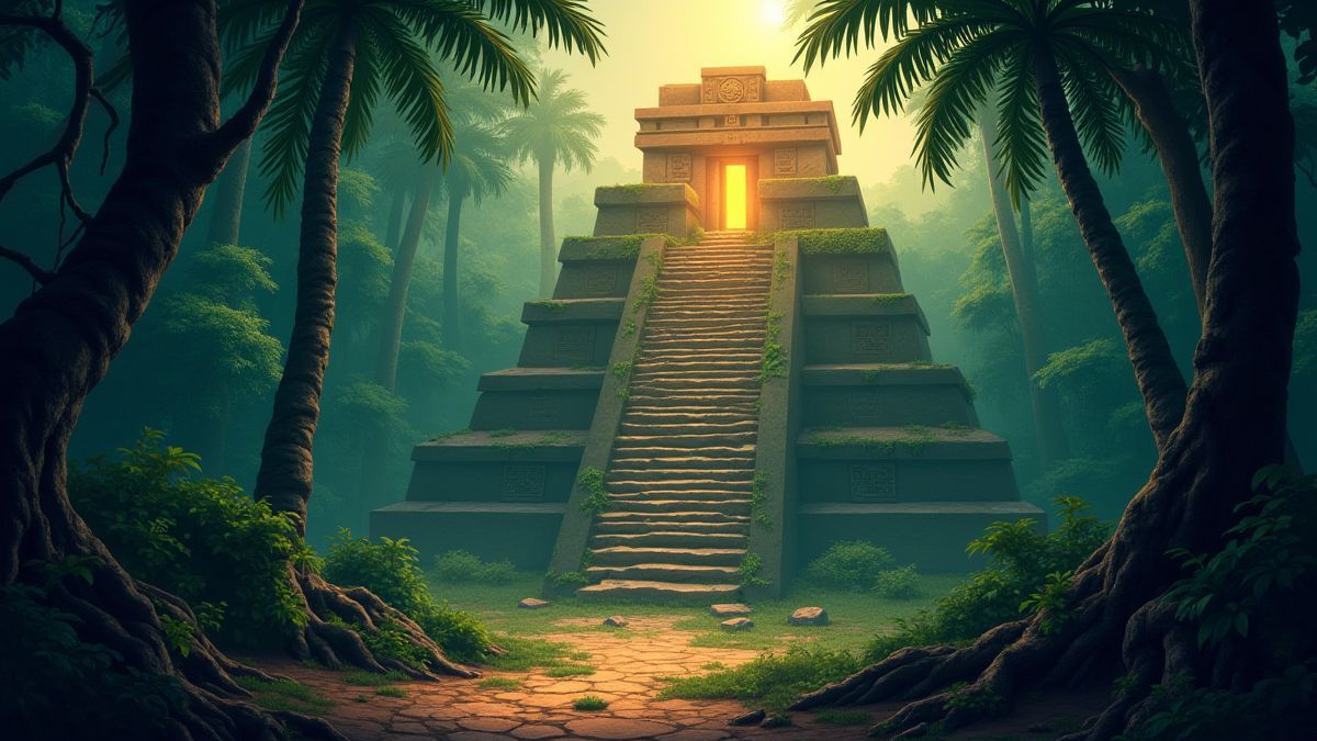Aztec jungle with a glowing temple.