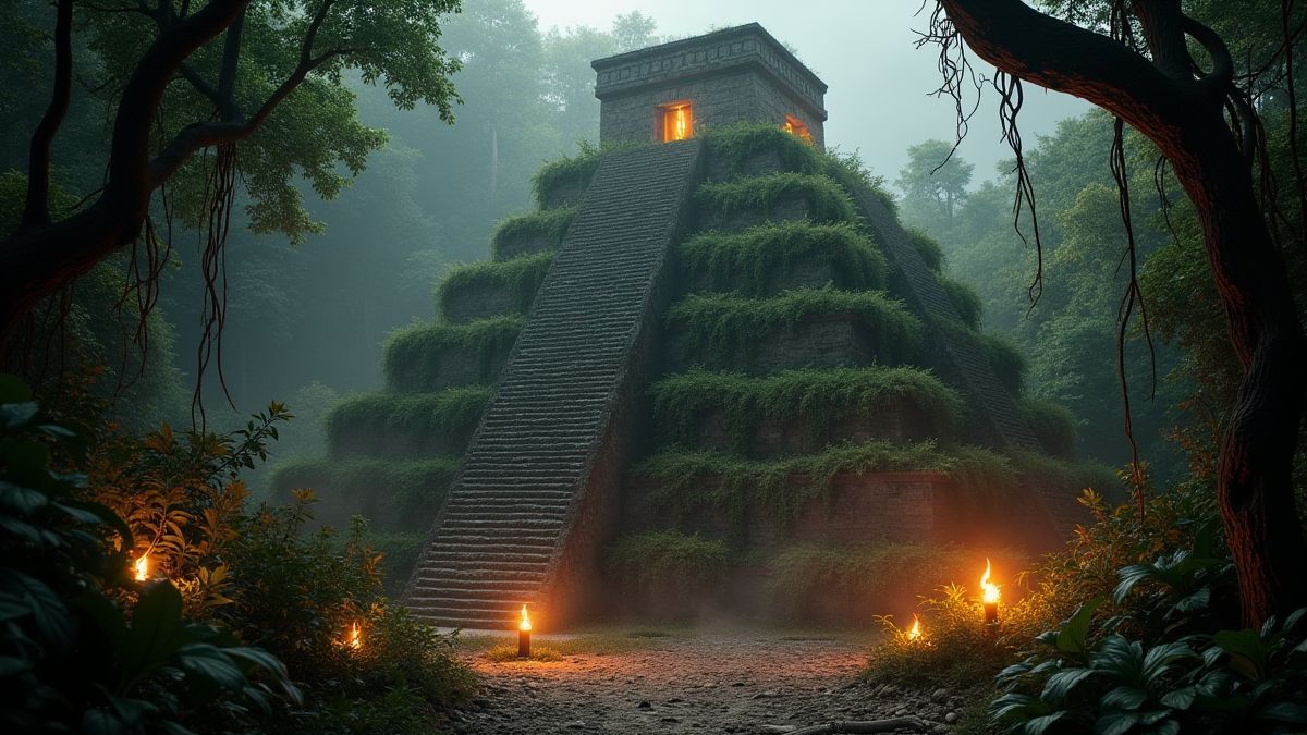 Aztec temple surrounded by vines and glowing torches.
