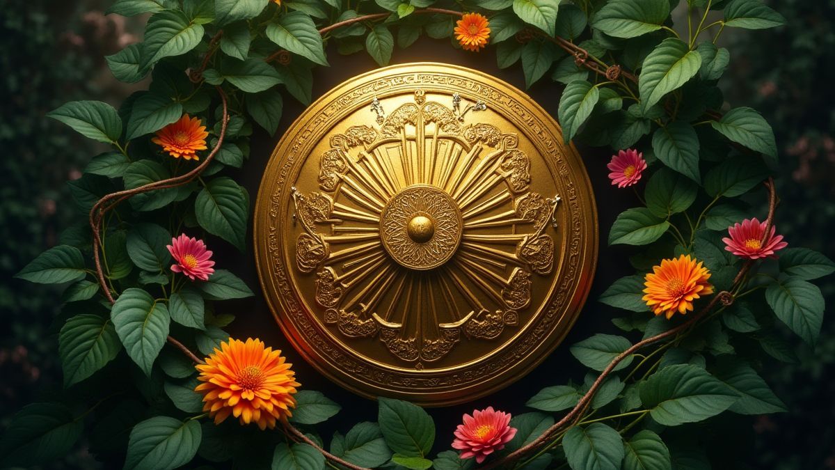 Ein goldenes Artefakt umgeben von Dschungelranken und lebhaften Blumen.