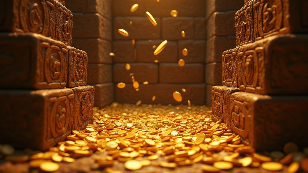 Monedas doradas cayendo sobre tallas mayas en una ronda de giros gratis.