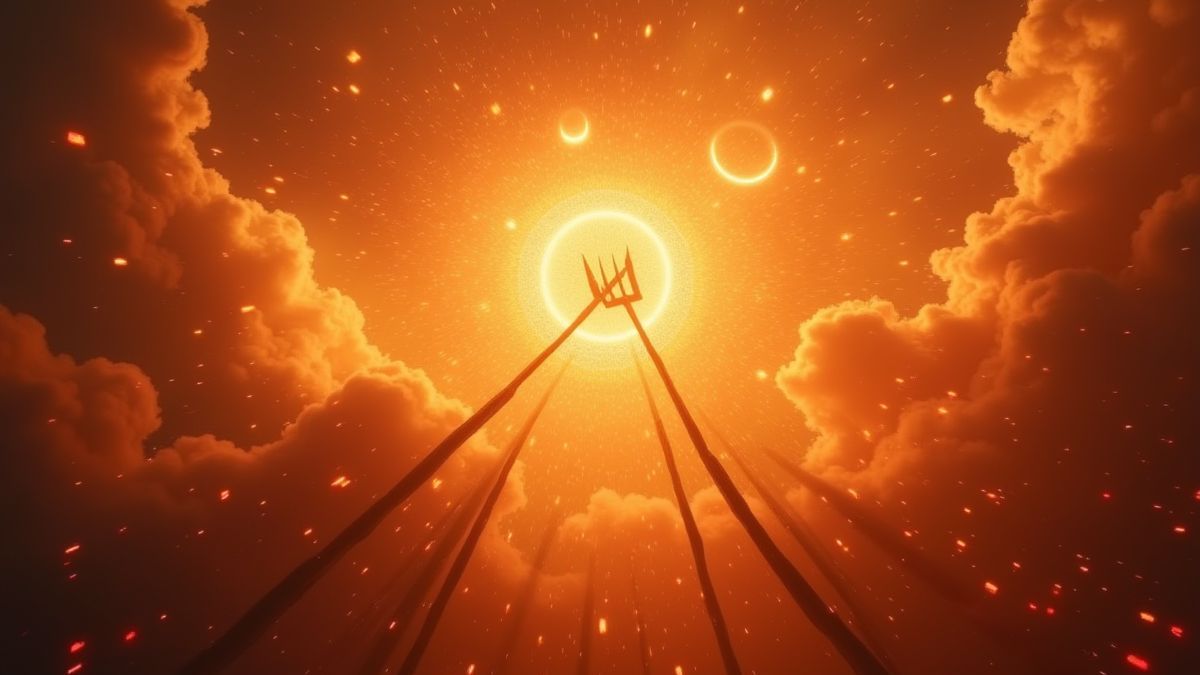 Fondo celestial y ardiente con halos brillantes y tridentes afilados.