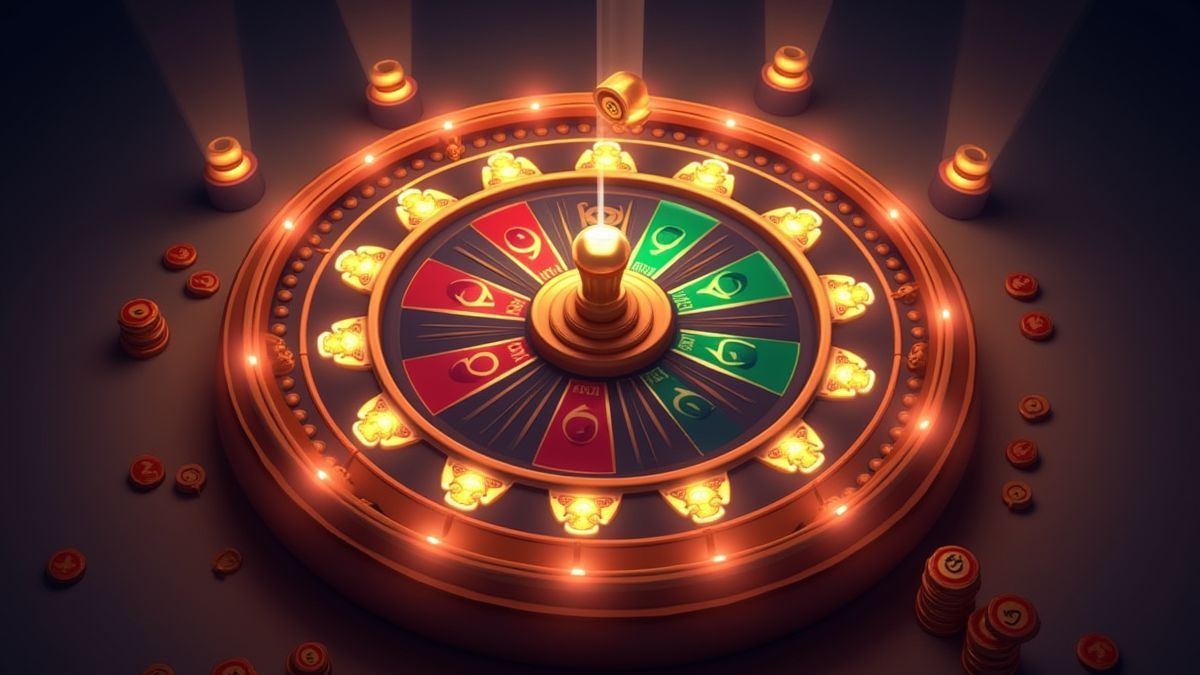 Rueda de dinero giratoria rodeada de luces brillantes e iconos de jackpot.