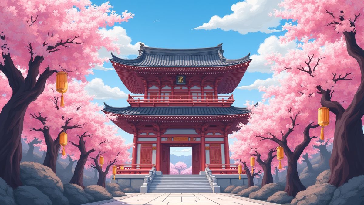 Ein orientalischer Tempel zwischen Kirschblüten und Laternen.