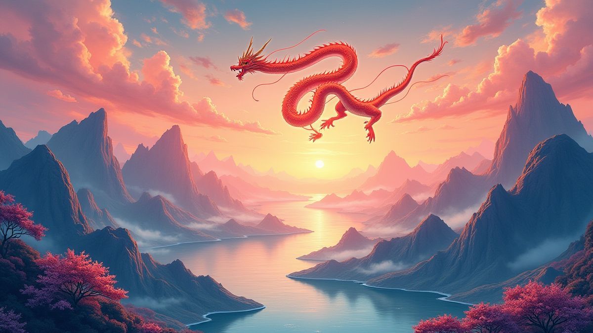 Eine lebendige orientalische Landschaft mit Bergen, Flüssen und einem leuchtenden Drachen am Himmel.