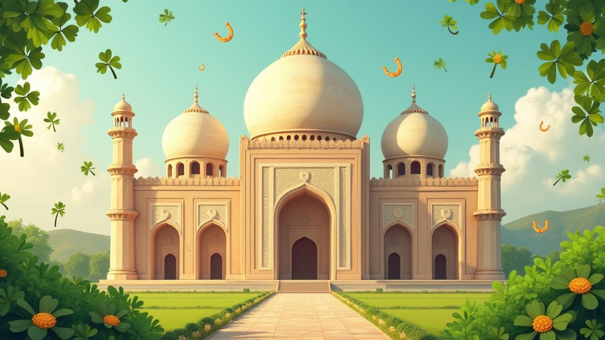 Un edificio del Medio Oriente rodeado de objetos de la suerte.