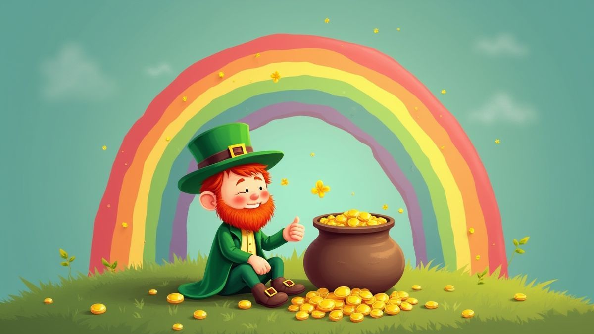 Un leprechaun junto a un caldero de oro bajo un arcoíris.