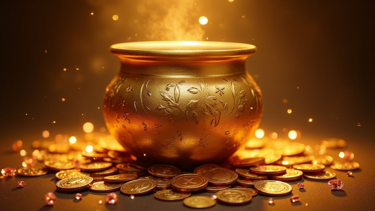 Un caldero dorado rodeado de monedas brillantes y joyas.