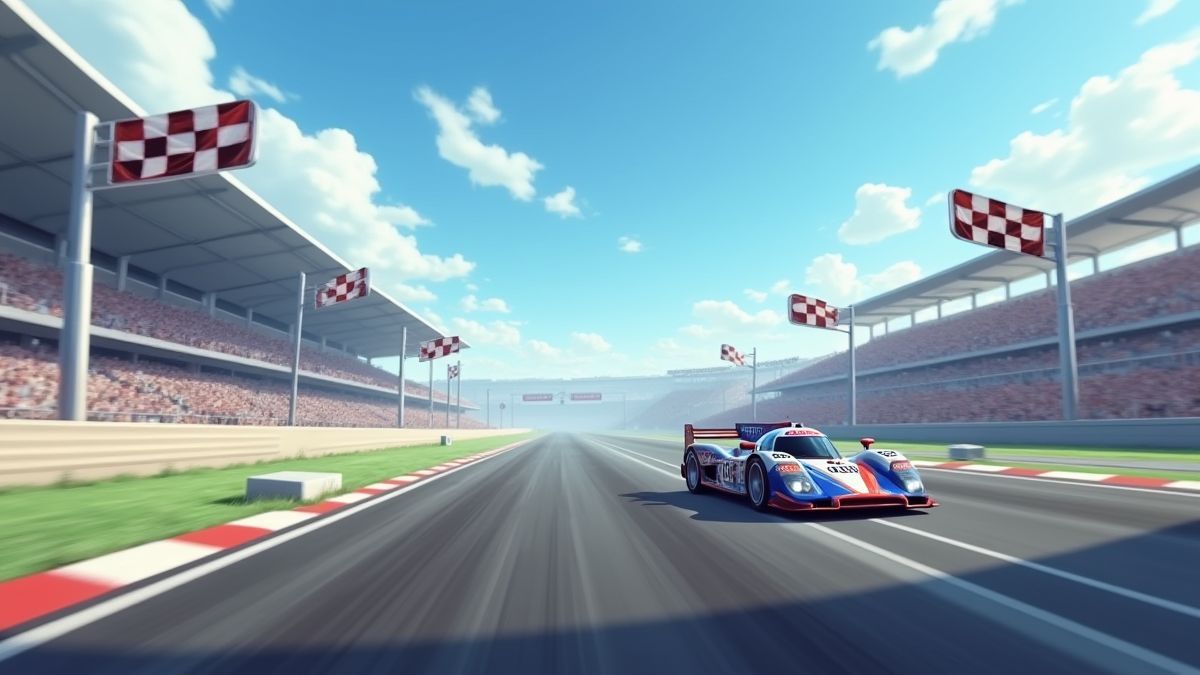 Pista de corridas animada com bandeiras quadriculadas e um carro de corridas.