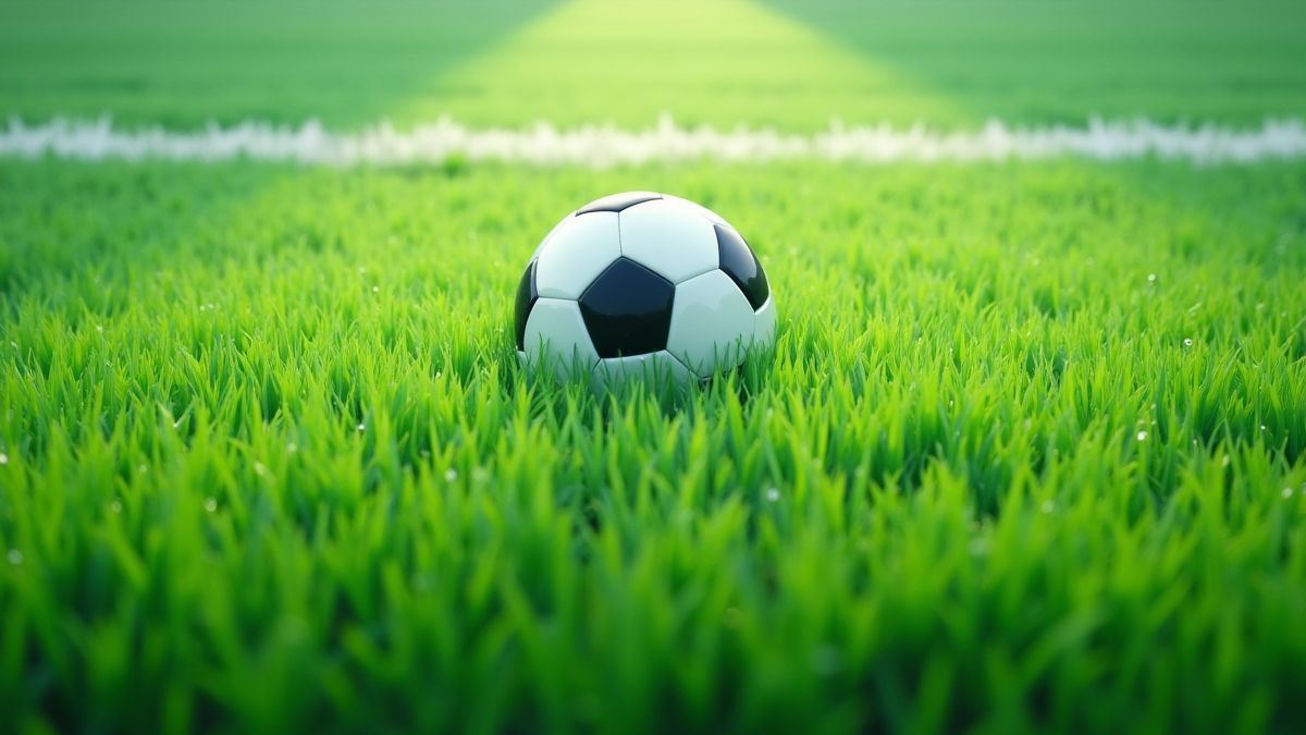 Campo de fútbol animado con césped verde y un balón en el centro