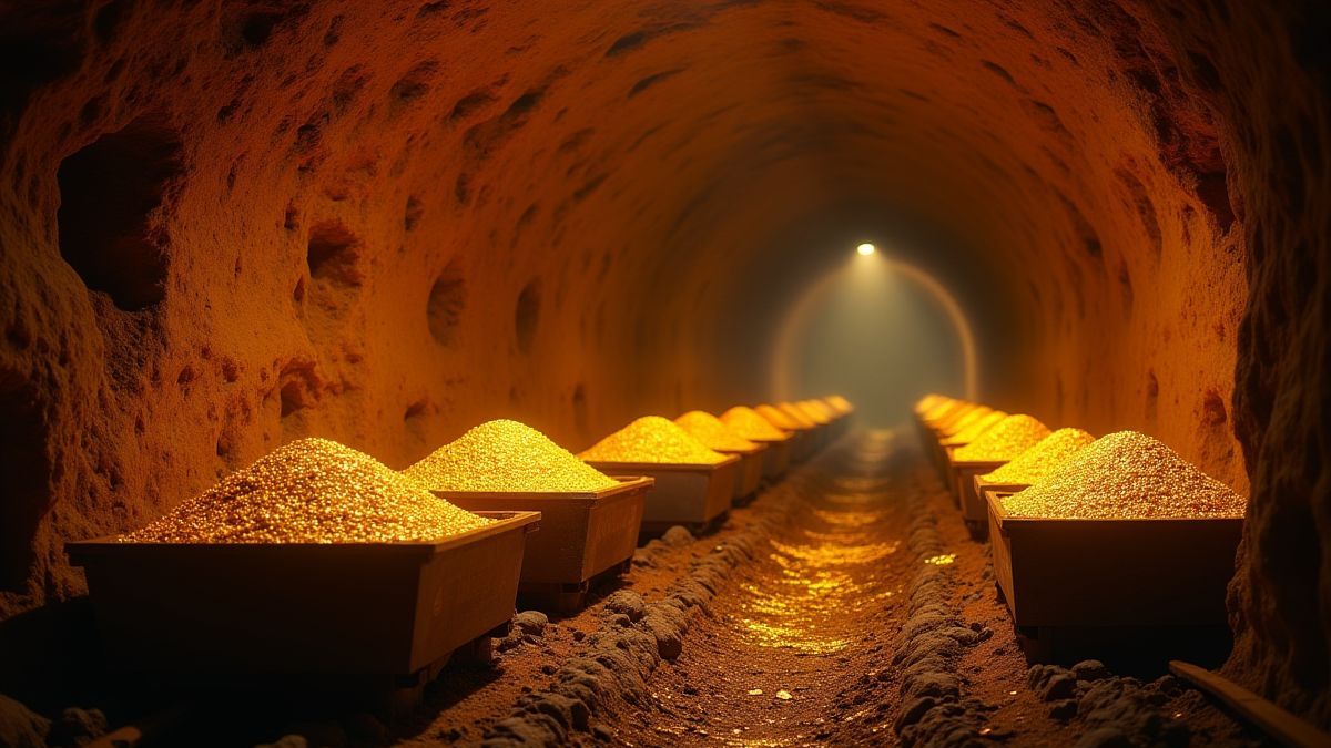 Uma mina subterrânea resplandecente com carros cheios de ouro.