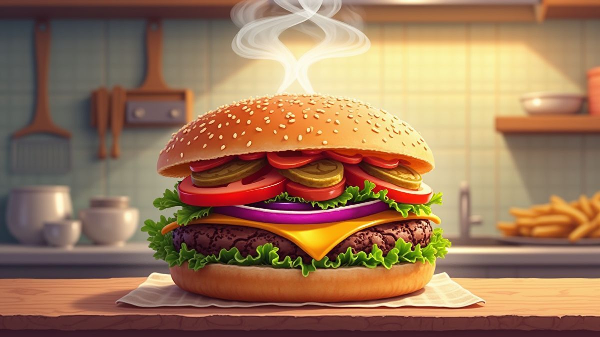Hamburguesa gourmet en una cocina animada.