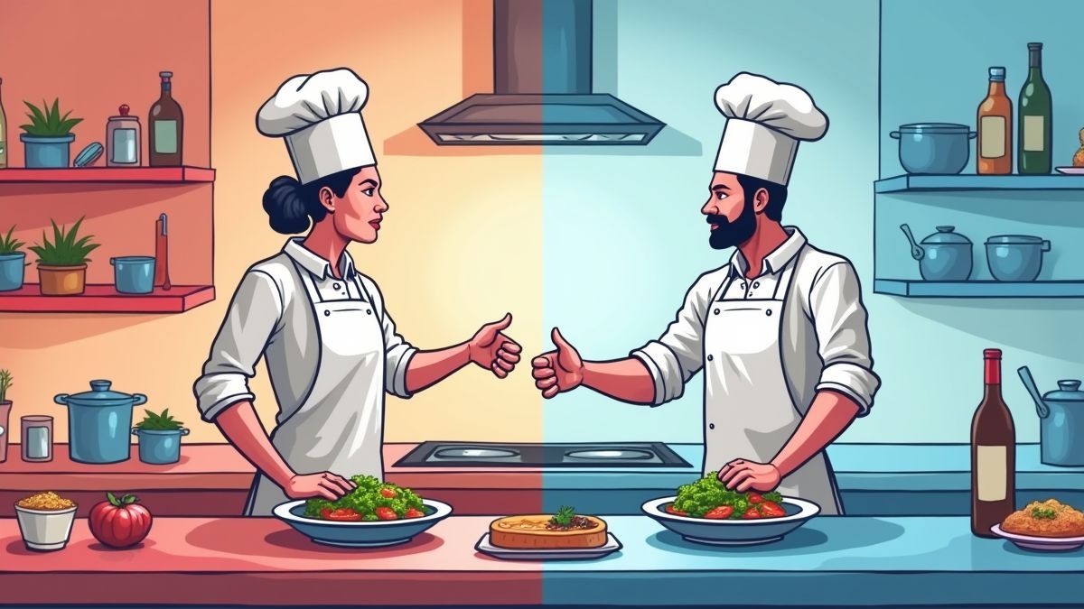 Dos chefs compitiendo en equipos rojo y azul.