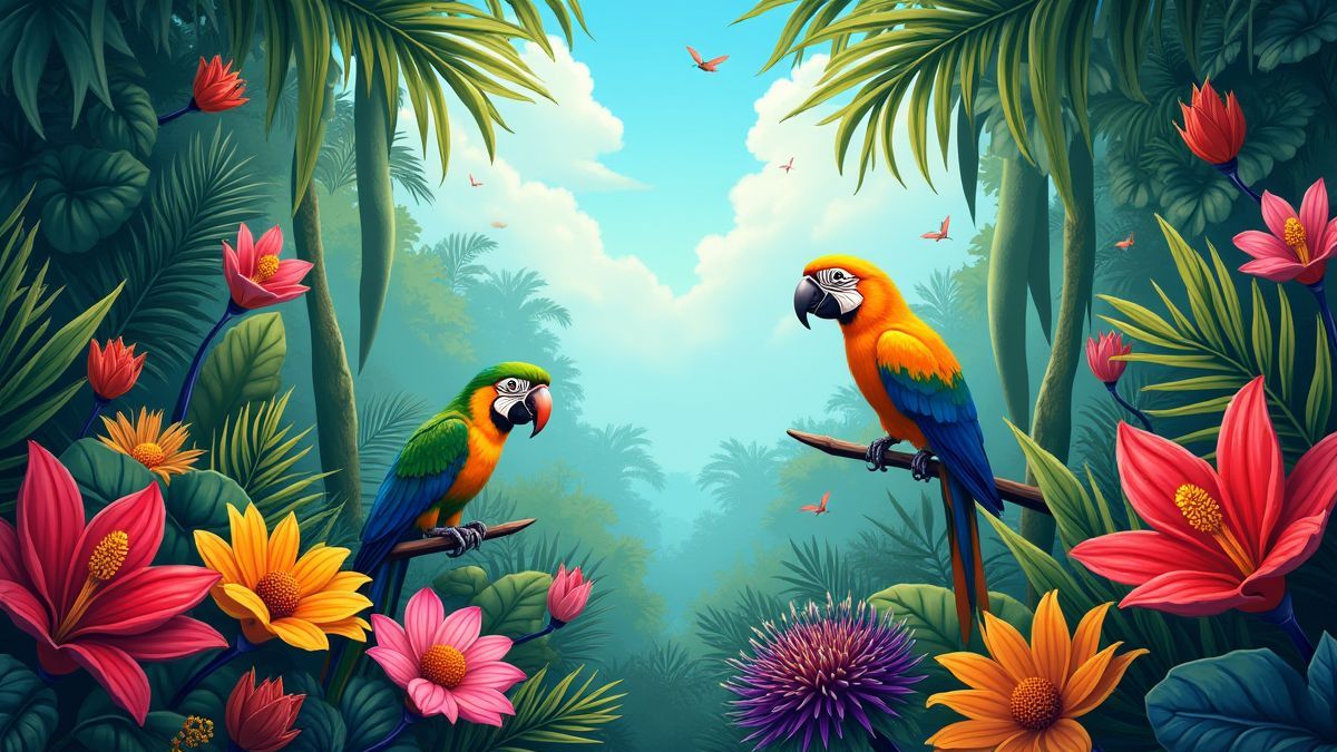 A vibrant jungle scene with exotic flowers and birds under the canopy.