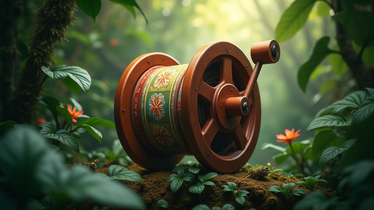 A spinning reel with scatter symbols surrounded by jungle foliage.