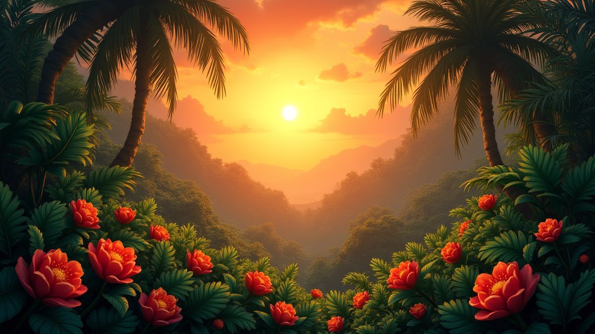 Animierte Szene eines tropischen Dschungels mit exotischen Früchten und Blumen unter einem strahlenden Sonnenuntergang.