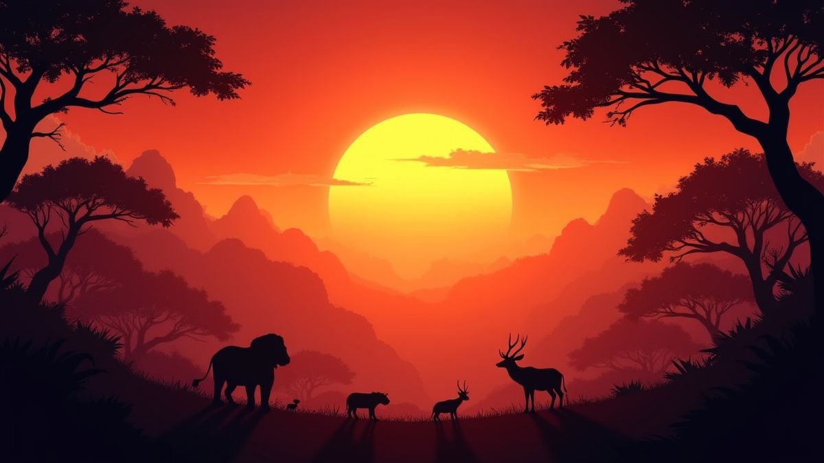 Animierter Sonnenuntergang in einem Dschungel mit Silhouetten von Bäumen und Wildtieren.