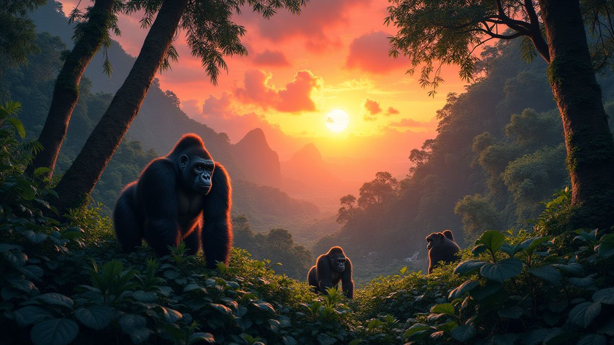 Eine üppige Dschungelszene mit Gorillas und tropischen Pflanzen unter einem bunten Sonnenuntergang.