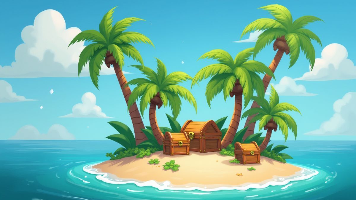 Uma ilha tropical com cofres de tesouro e palmeiras.