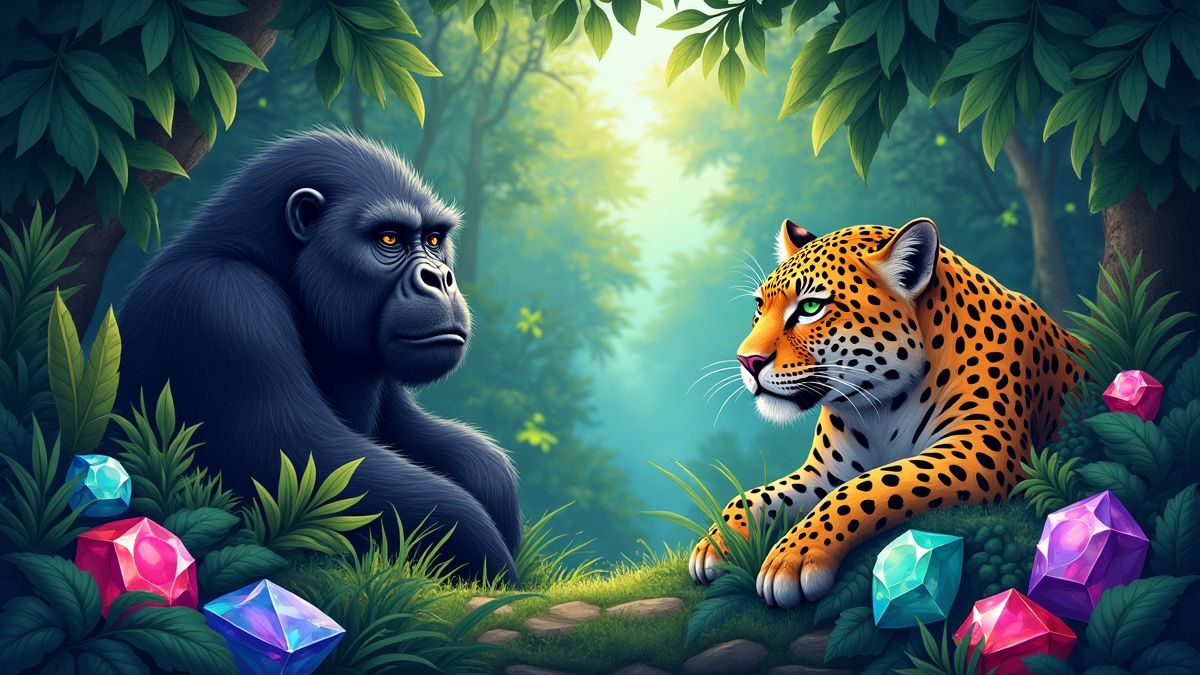 Eine Szene von einem lebhaften Dschungel mit Gorillas, Leoparden und funkelnden Edelsteinen.