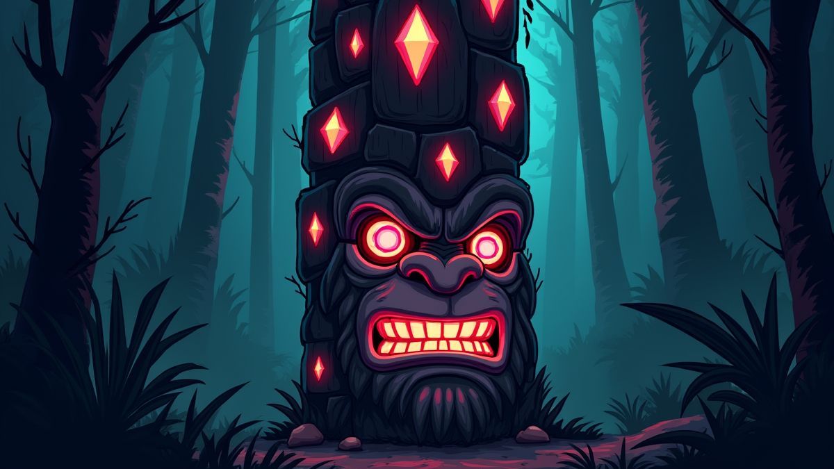 Ein Totem im Dschungel mit Gorillamaske und funkelnden Diamanten.