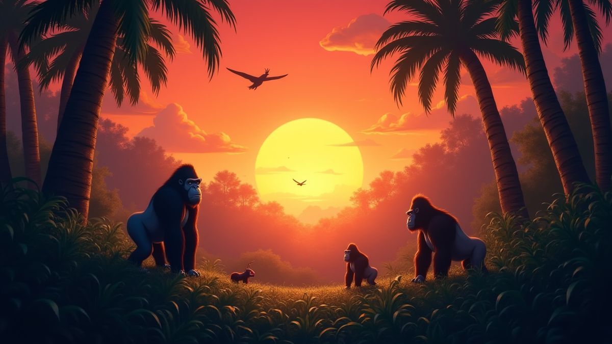Jungle bij zonsondergang met gorilla's en exotische vogels.