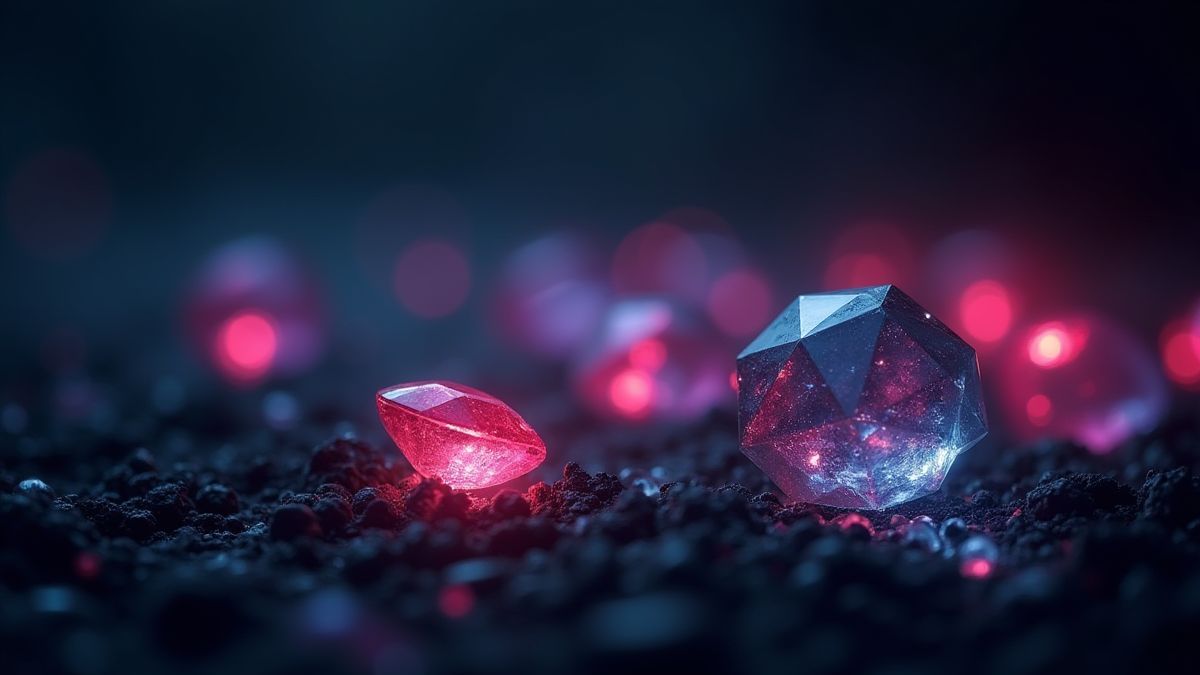 Gemas brillantes en un ambiente gótico oscuro.