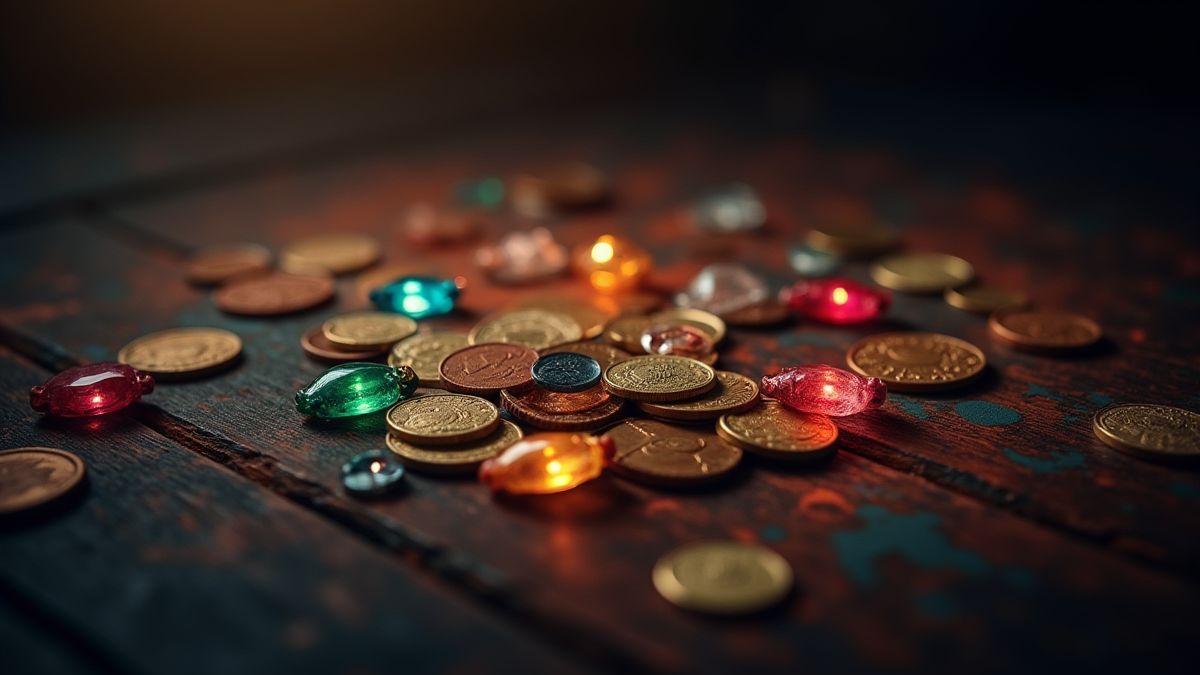 Monedas y gemas brillantes sobre una mesa de madera oscura.