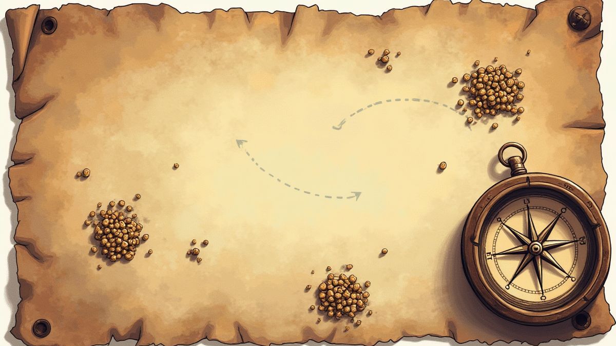 Un mapa pirata ilustrado con puntos de tesoro marcados y una brújula.