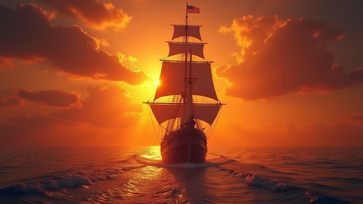 Un barco pirata navegando hacia el atardecer con un toque aventurero.