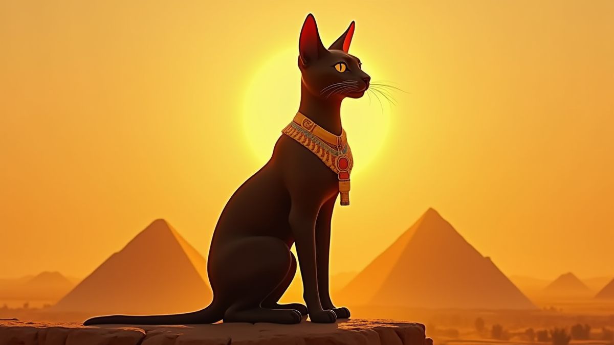 Bastet, la diosa egipcia, frente a las pirámides.