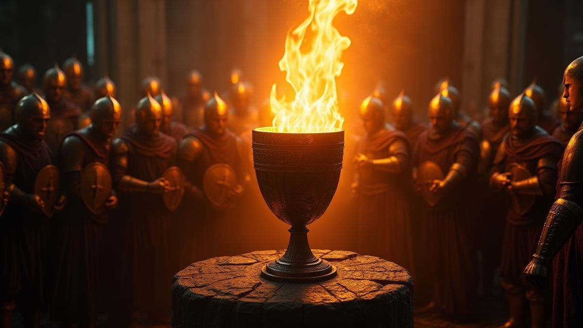 Ein leuchtender Kelch umgeben von mittelalterlichen Rittern, die ihren Sieg feiern.