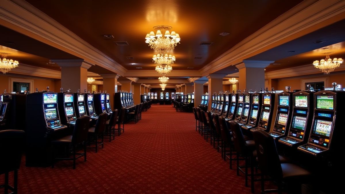 Intérieur classique d'un casino avec des machines à sous et des lustres élégants.