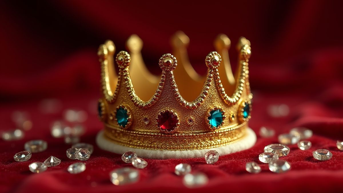 Une couronne dorée entourée de bijoux brillants sur un fond de velours.