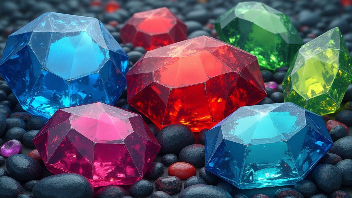 A detailed illustration of vibrant gemstones in blue, red, and green colors.