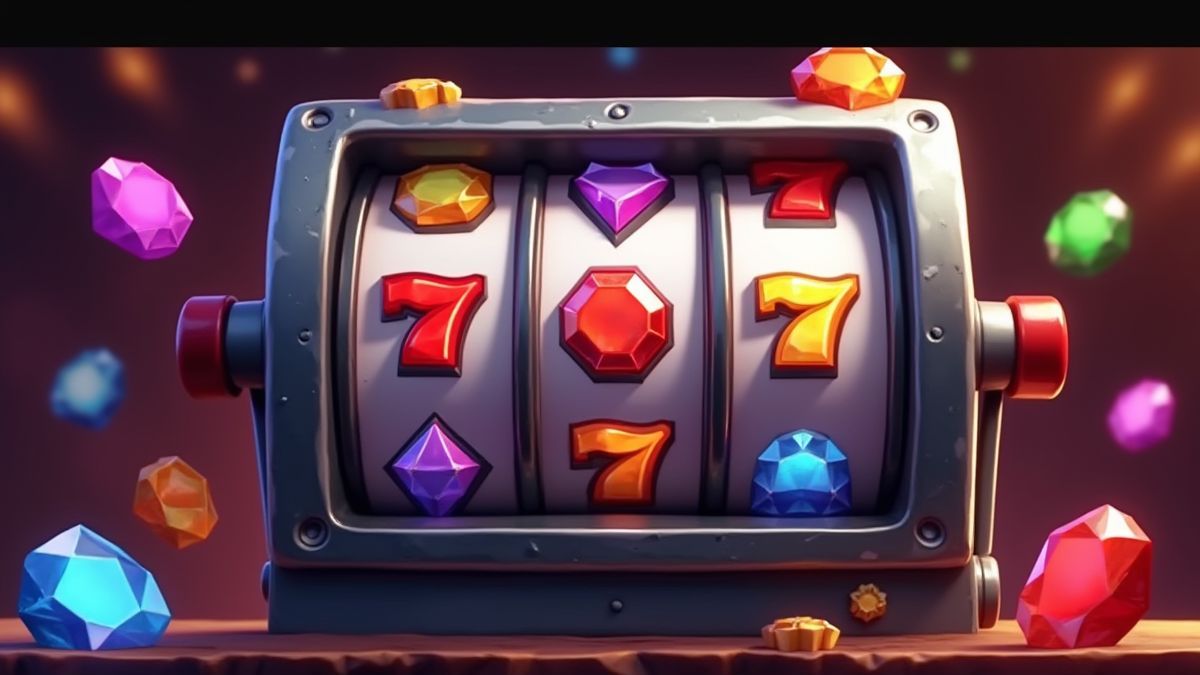 Animated slot machine with gemstones spinning on the reels.
