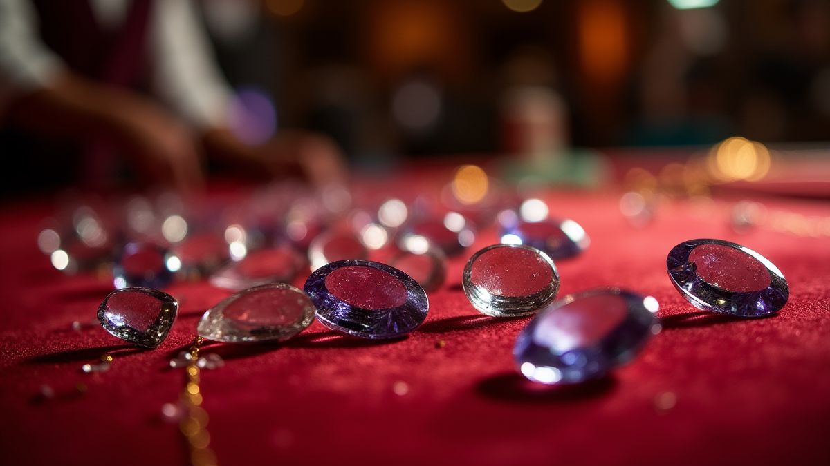 Luxurious casino scene with sparkling gemstones on a velvet table.