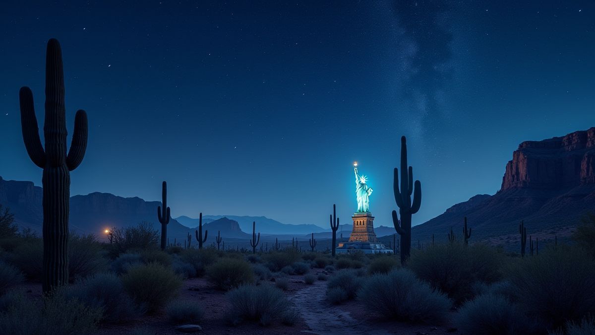 Paisaje nocturno del Salvaje Oeste con cactus y la Estatua de la Libertad.
