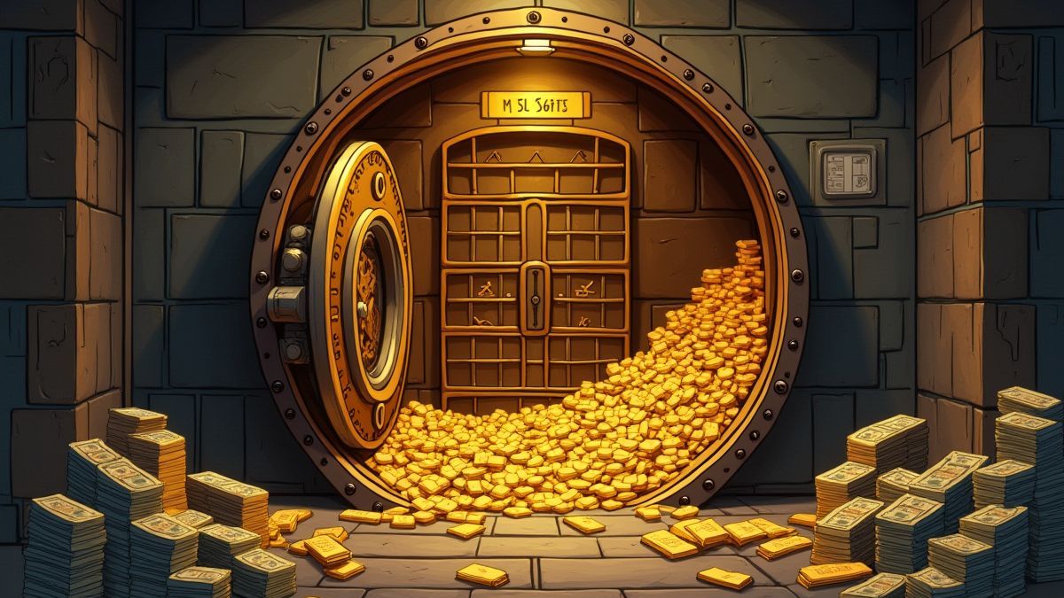 Interior of a vault filled with gold and money.
