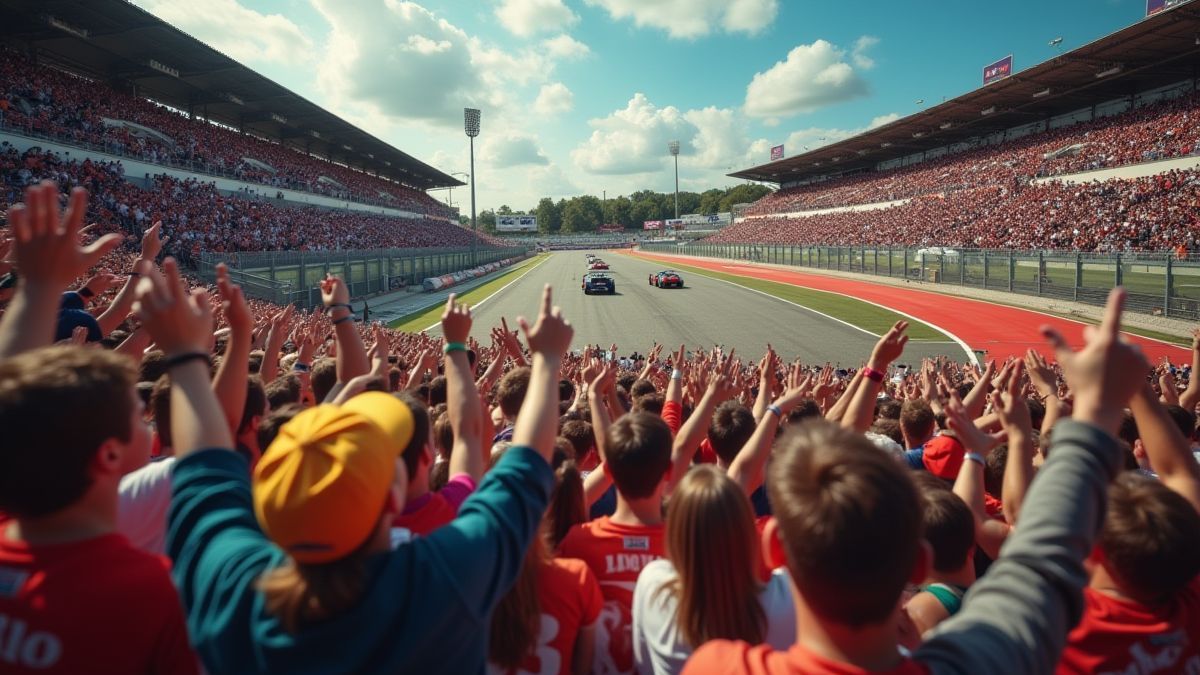 Una multitud animada en un estadio durante una carrera de coches.